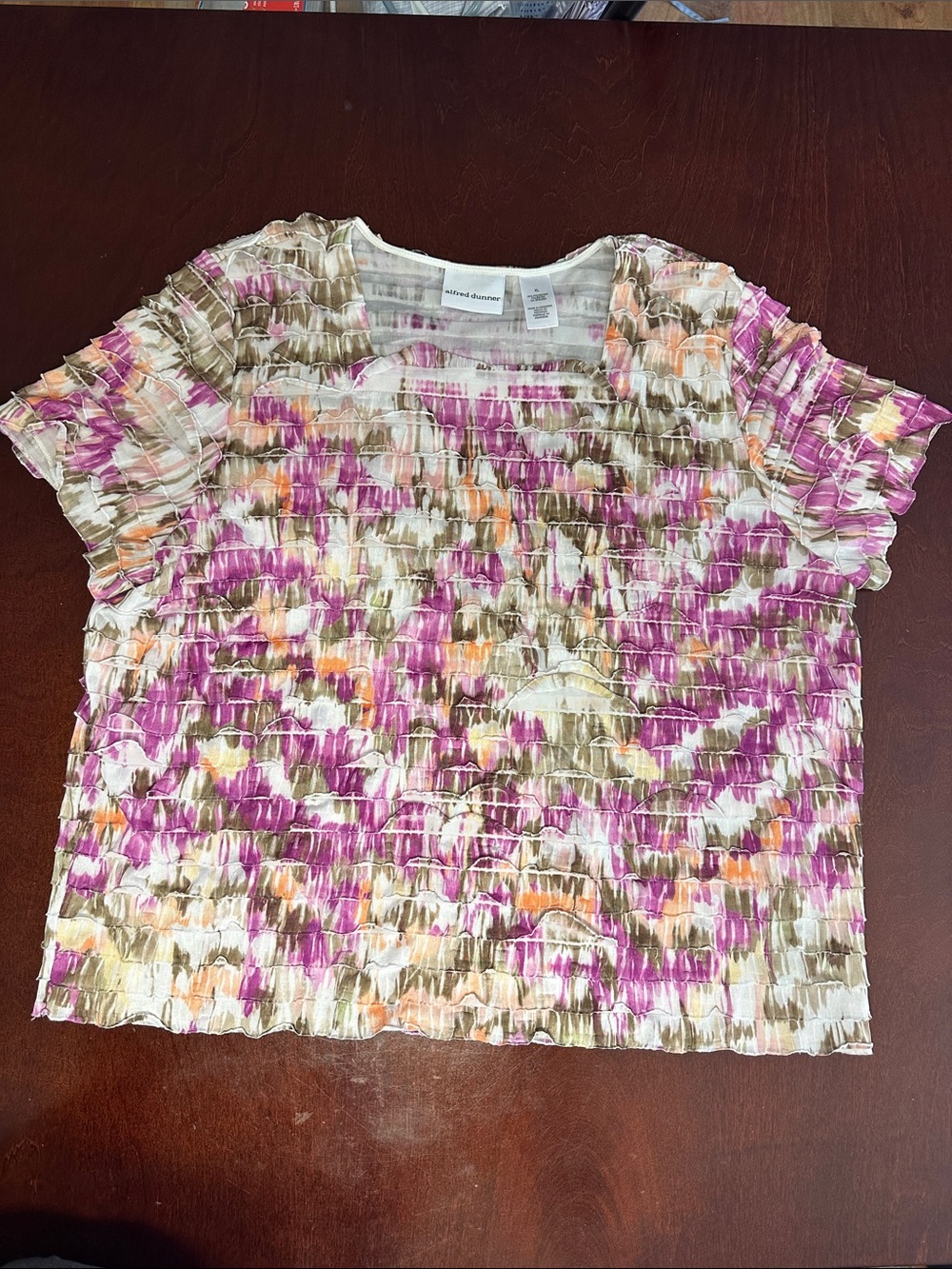Alfred Dunner Pink, Orange & Brown Abstract Short Sleeve Textured Top